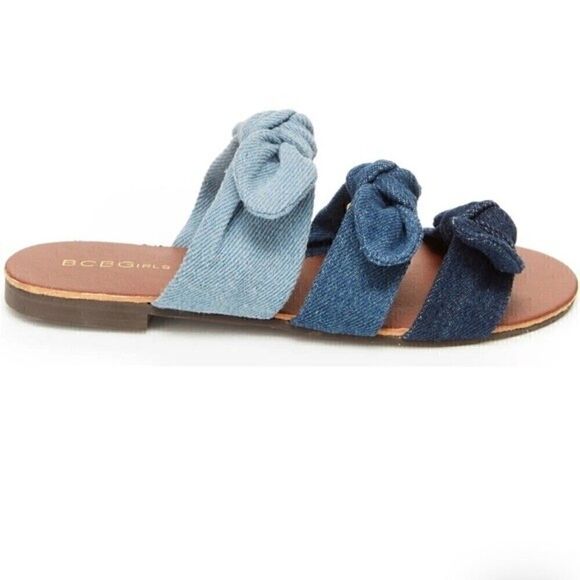 NIB BCBG Girls Caden Denim Bow Strap Slide Sandals shoes Size 12 - Picture 2 of 7